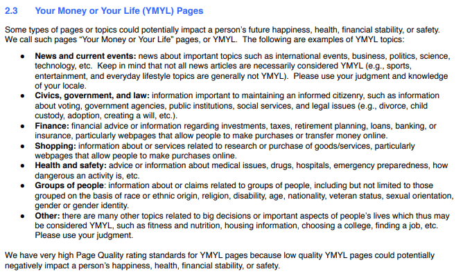 A screen shot from Google about YMYL